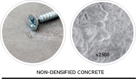 Side by side photos of undensified concrete after screw scratch test with visible residue/dusting and a 2500x magnified microscopic view of undensified concrete which shows voids and gaps within its structure.
